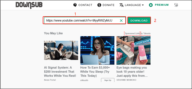 動画リンクをDownSubの入力ボックスに貼り付けている画面