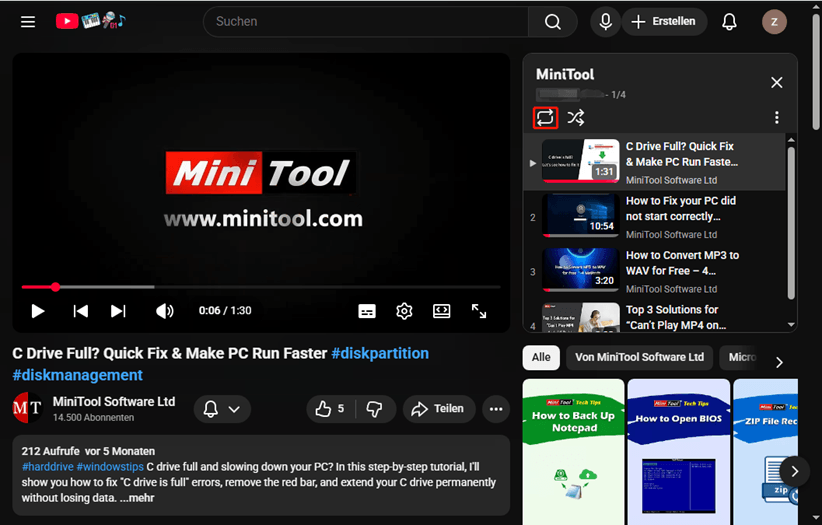 Eine YouTube-Wiedergabeliste abspielen.