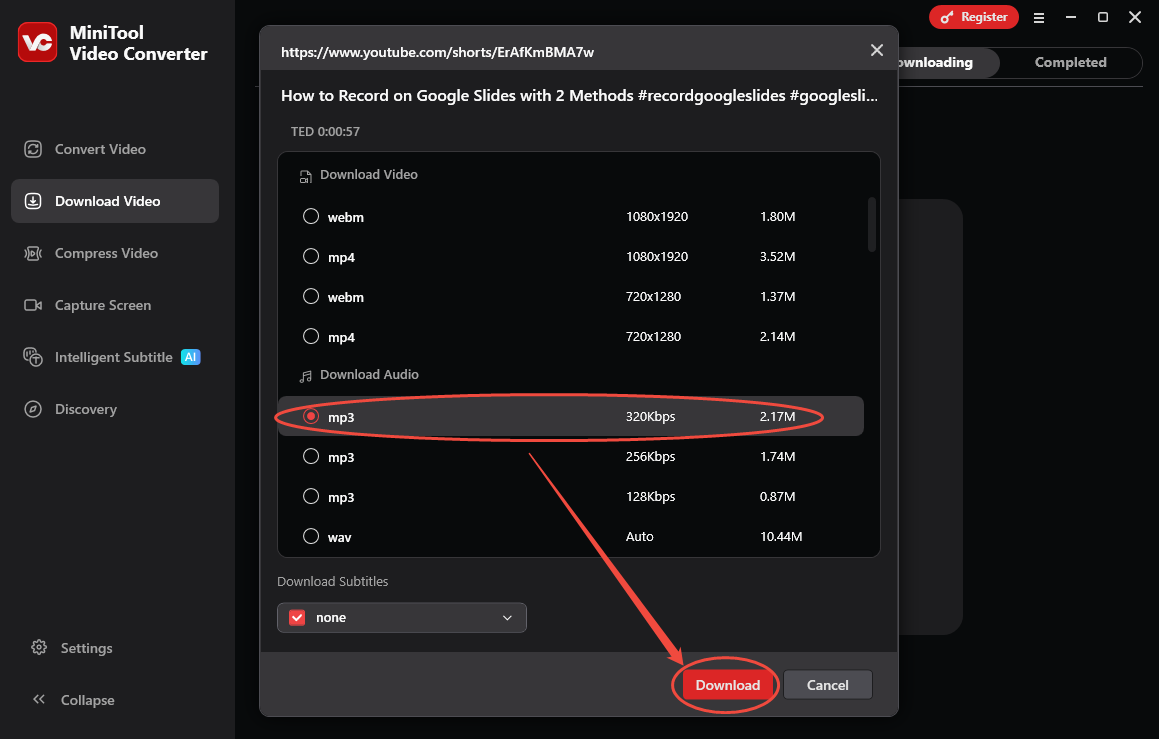 MiniTool Video Converter interface that shows how to configure the output format and begin the download process.