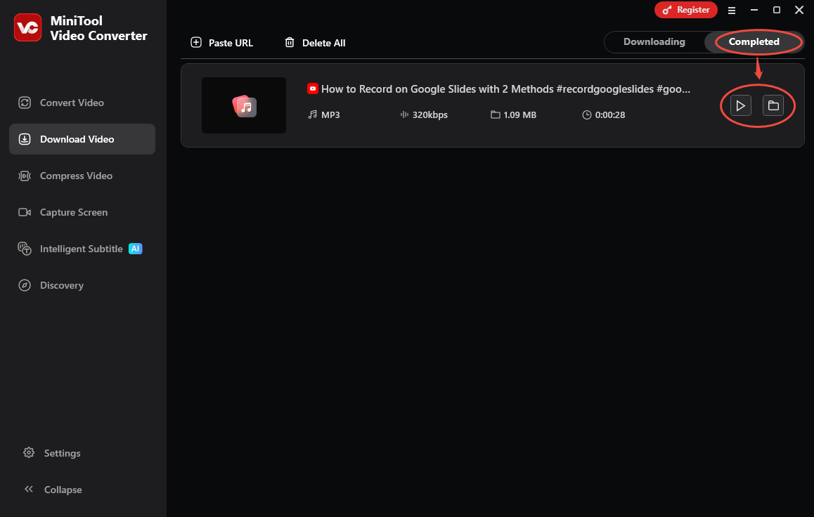 MiniTool Video Converter interface with the Play and Folder icons selected to view or locate the downloaded video.