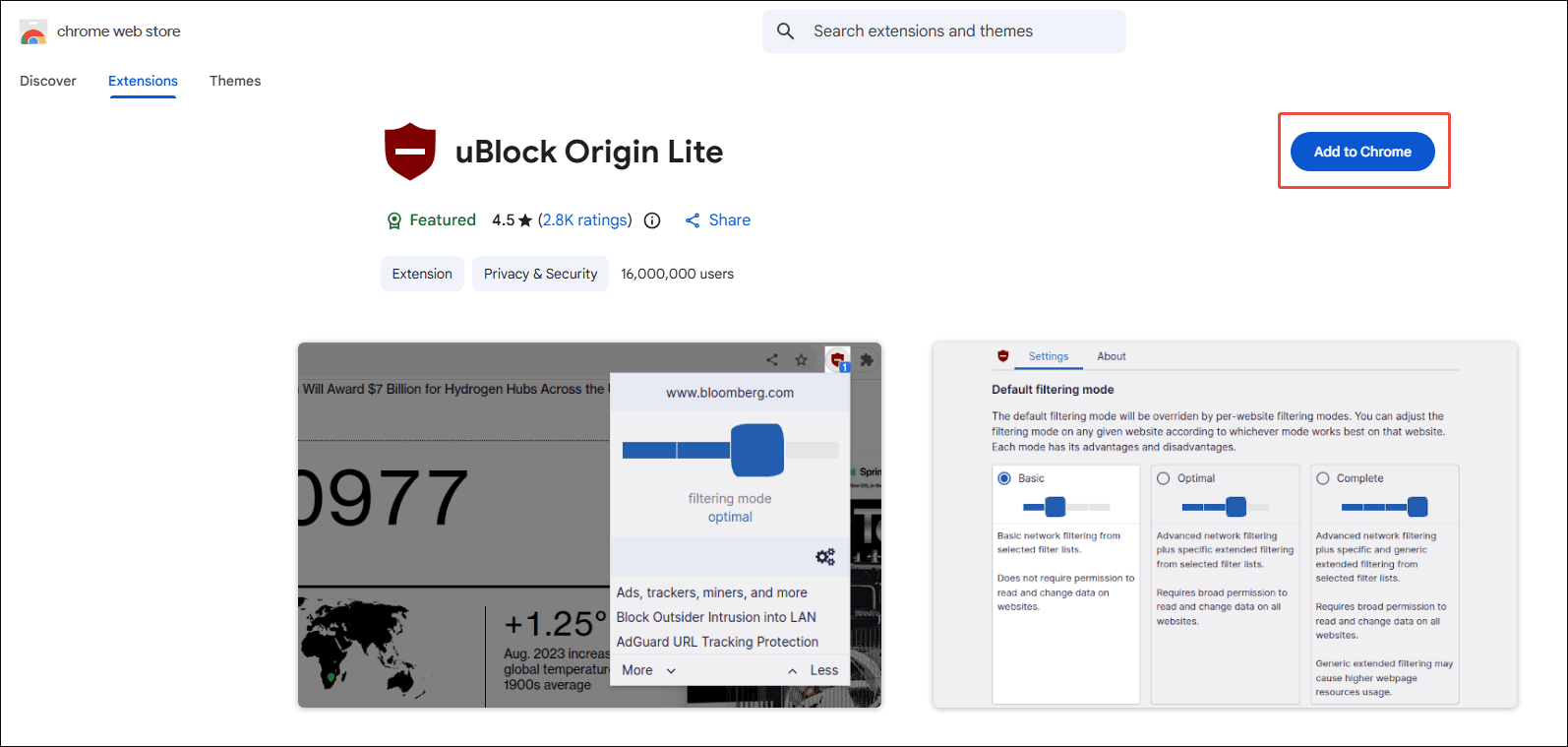 Google Chrome interface with the Add to Chrome option selected to Add uBlock Origin Lite.