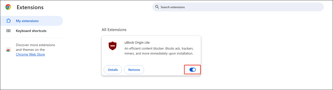 Google Chrome interface with uBlock Origin Lite enabled.