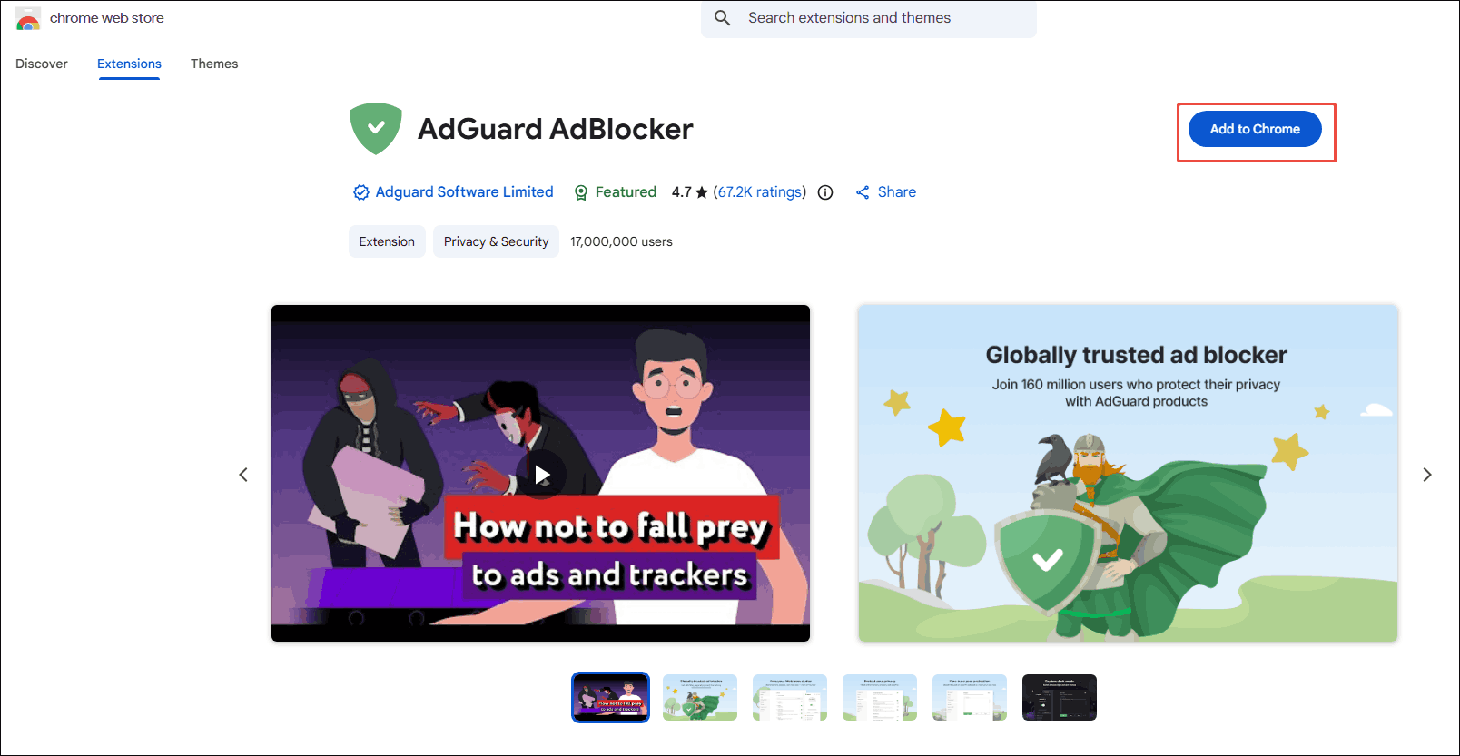 Google Chrome interface with the Add to Chrome option selected to Add AdGuard AdBlocker.