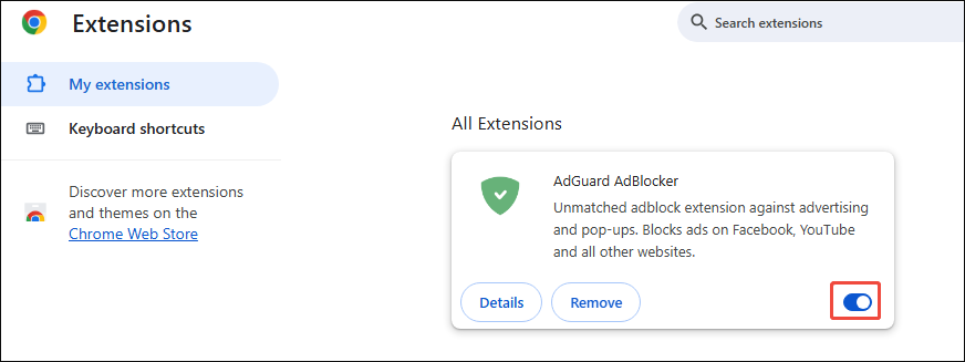 Google Chrome interface with AdGuard AdBlocker enabled.