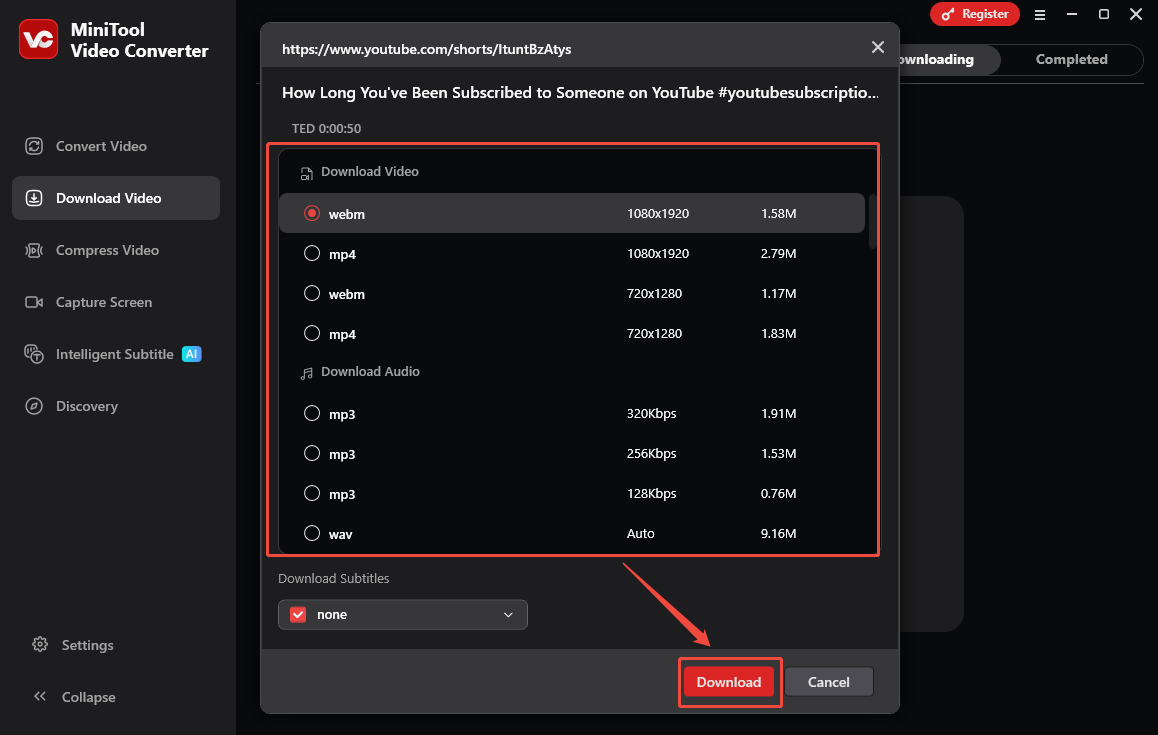 MiniTool Video Converter interface with the Download option selected to begin the download process.
