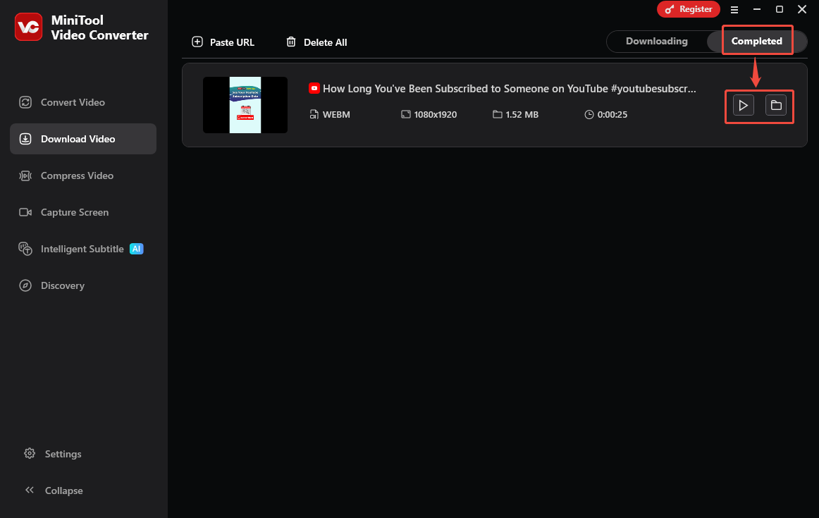MiniTool Video Converter’s Video Download interface with the Play and Folder icon selected.