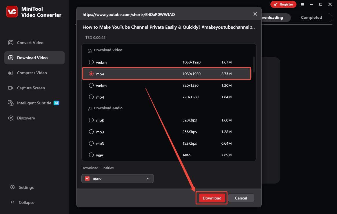 MiniTool Video Converter interface that shows how to configure the output format and begin the download process.