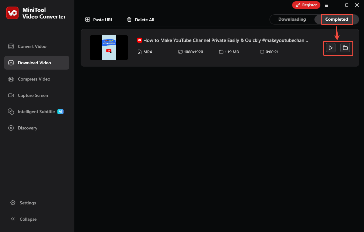MiniTool Video Converter interface with the Download option selected to begin the download process.