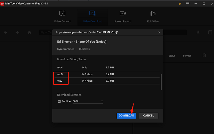 choisissez le format de musique téléchargée.