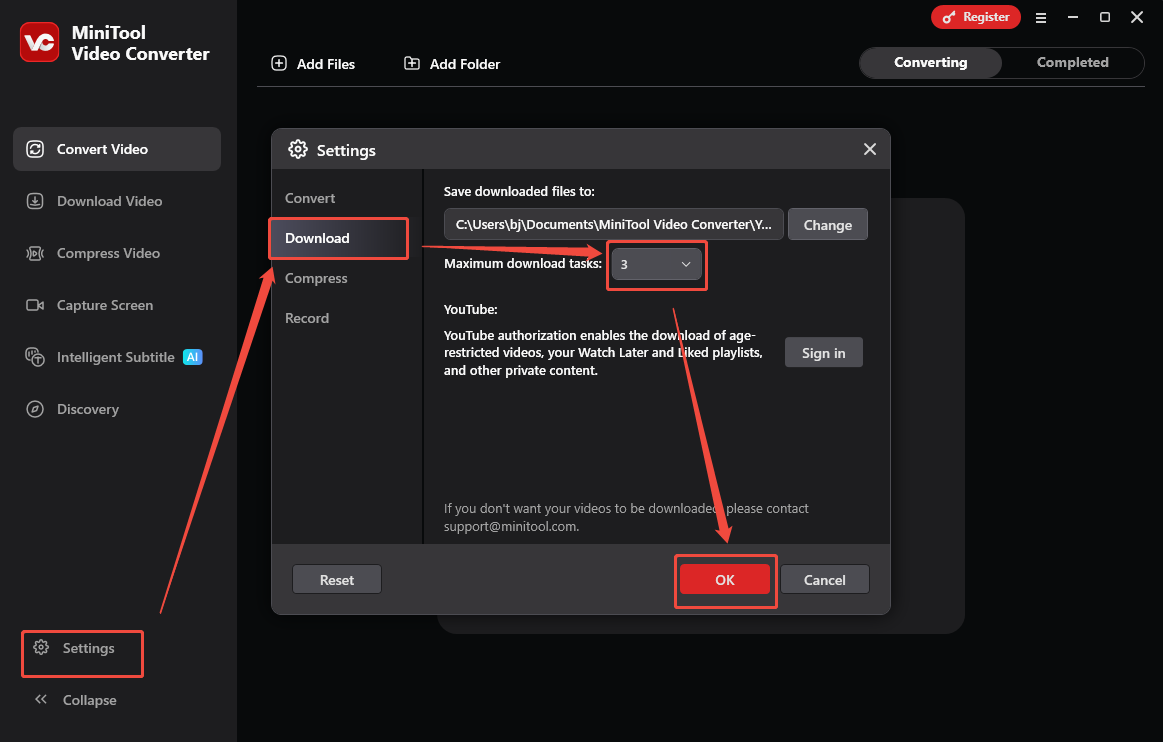 The Settings interface of MiniTool Video Converter that shows how to customize the maximum download tasks.