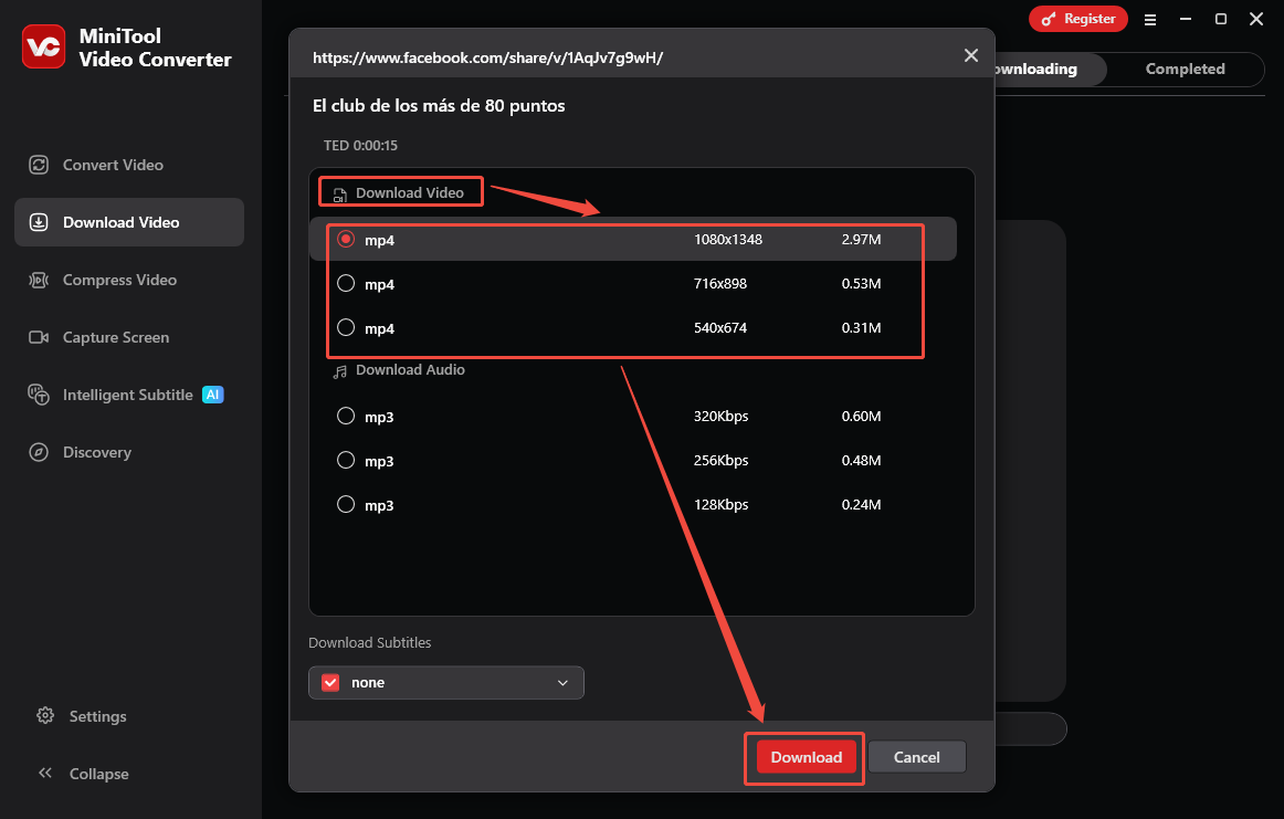 The Download Video interface of MiniTool Video Converter with the output format and the download option selected.