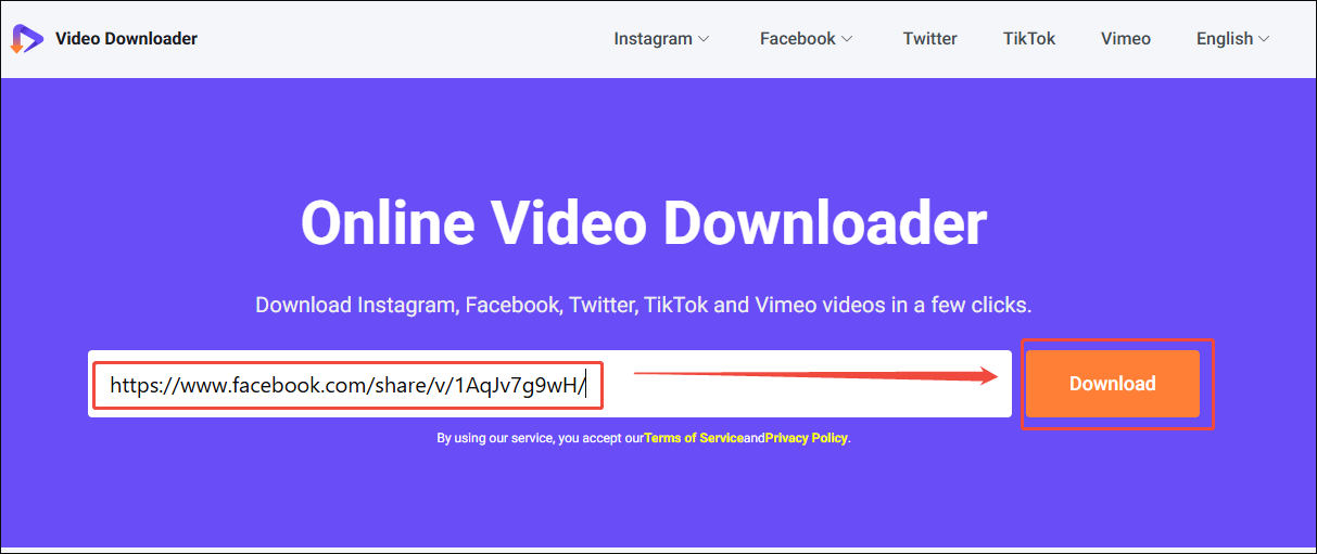 Online Video Downloader on viddown dot net interface with the URL pasted and the Download option selected.