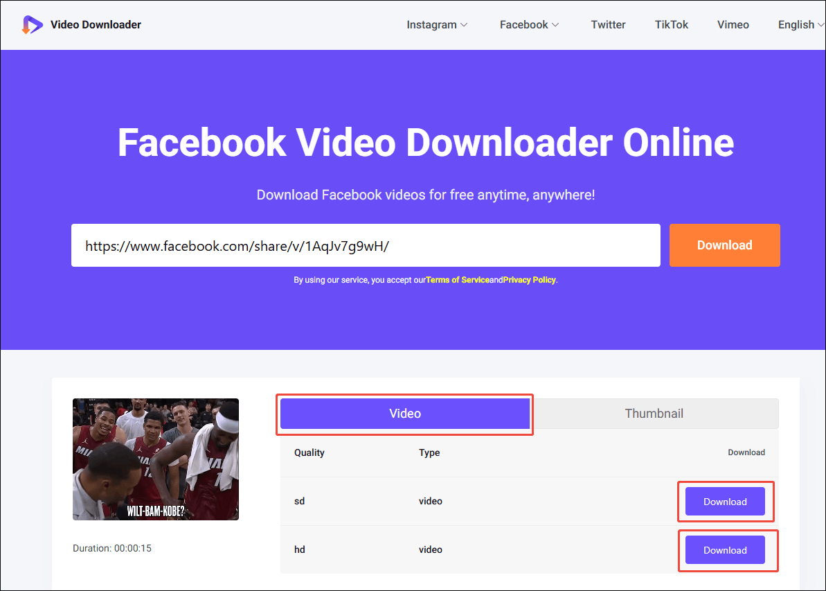 Online Video Downloader on viddown dot net interface with the Download option selected to get the Facebook video.
