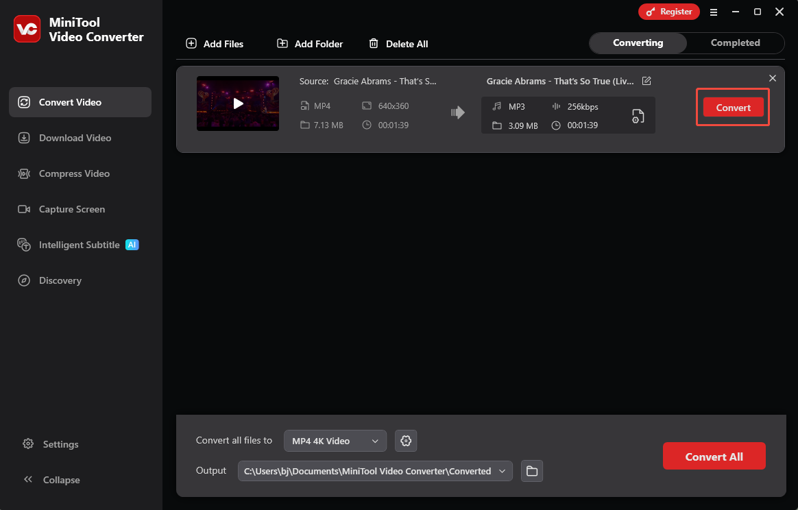 MiniTool Video Converter interface with the Convert button selected under the Convert Video section.