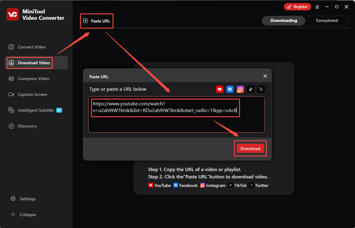 MiniTool Video Converter interface showing how to analyze a YouTube music video URL under the Download Video section.