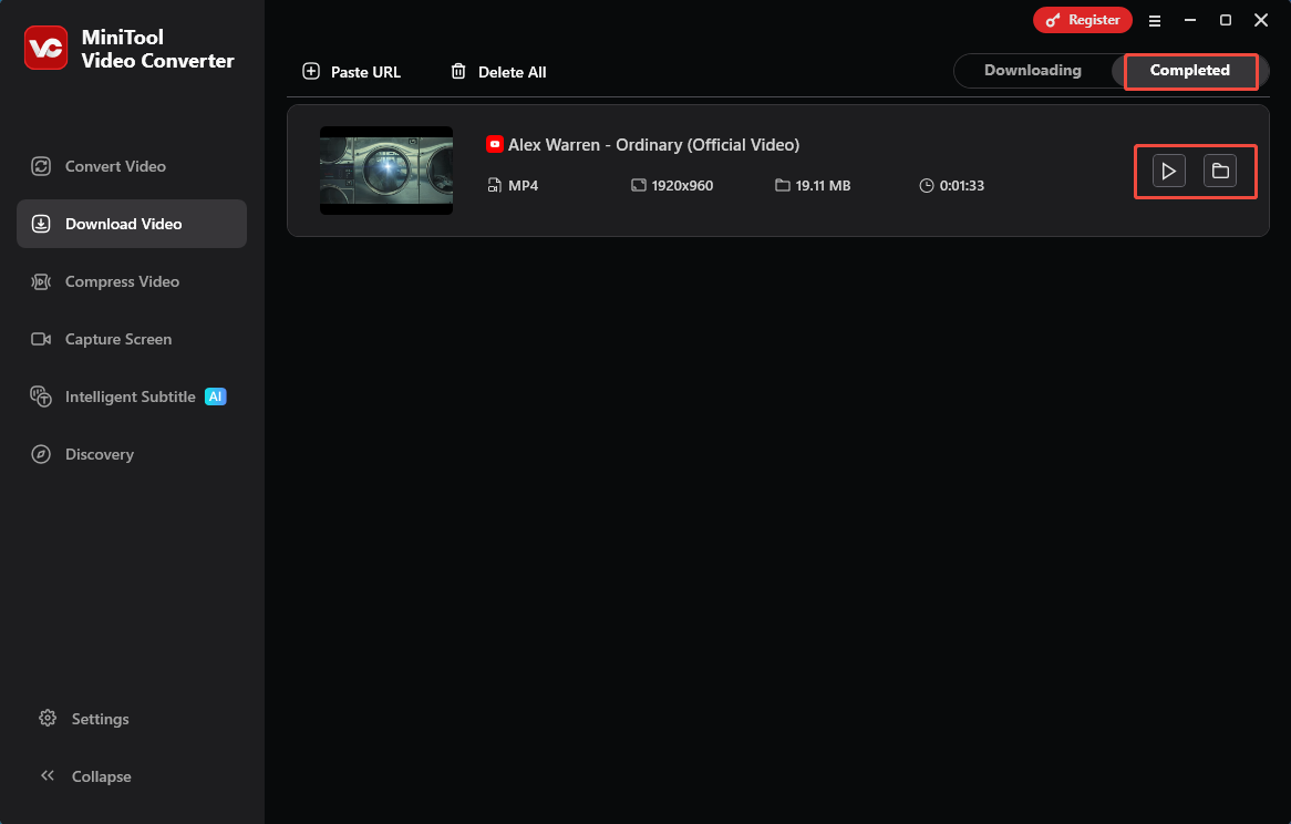 MiniTool Video Converter Download video interface with the Play icon and Folder icon selected under the Completed section.