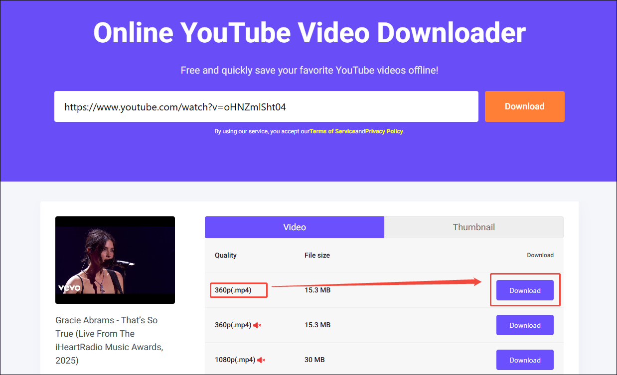 viddown net interface showing how to choose the video quality and start downloading.