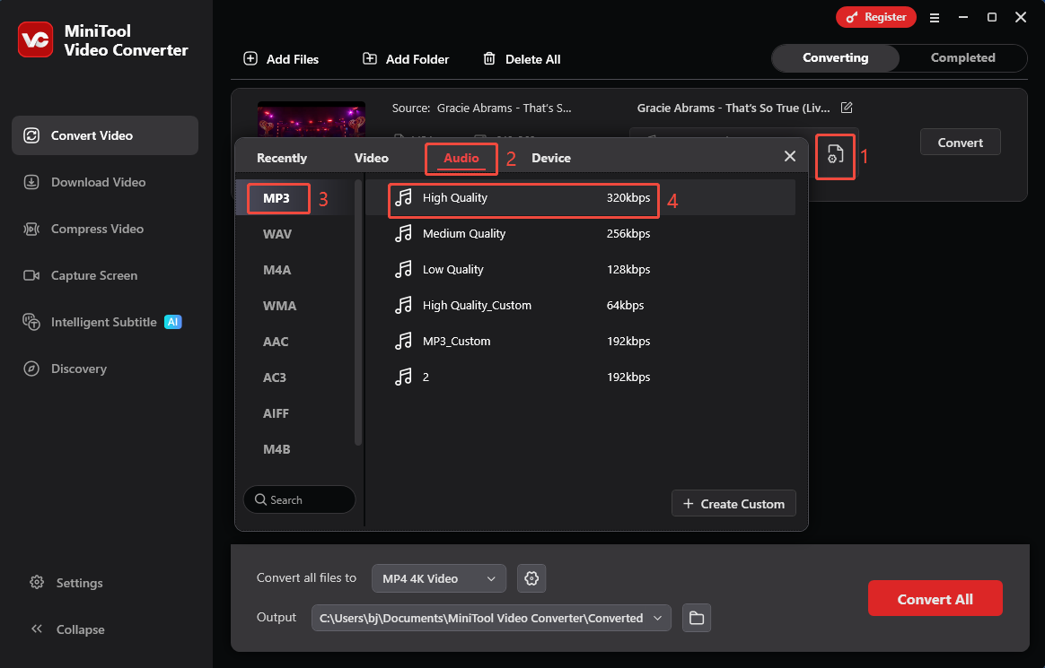 MiniTool Video Converter interface showing how to set the MP3 format as the output format under the Convert Video section.