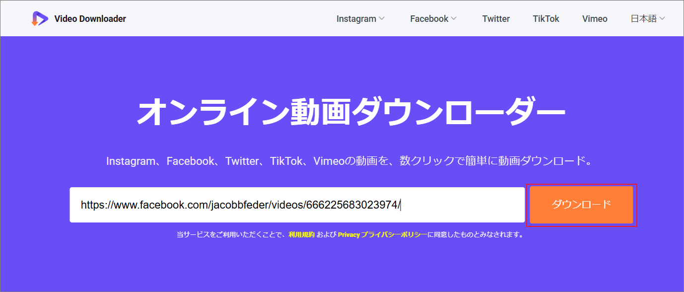 動画リンクをviddown.net/jaに貼り付ける画面