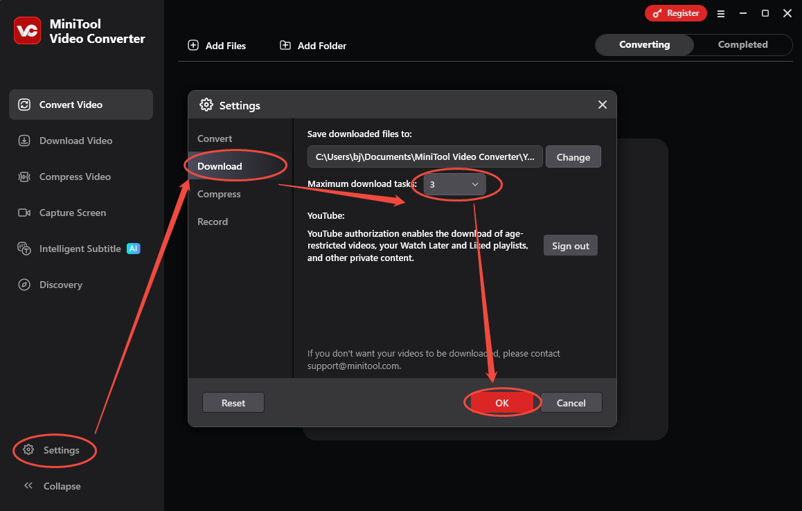 The Settings interface of MiniTool Video Converter that shows how to set a higher value for the maximum download tasks.