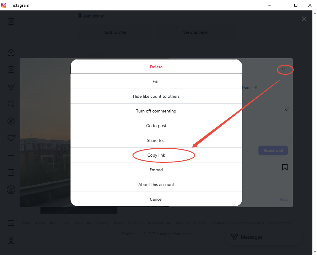 Instagram interface with the More icon and Copy Link option selected to copy the link of the Instagram story.
