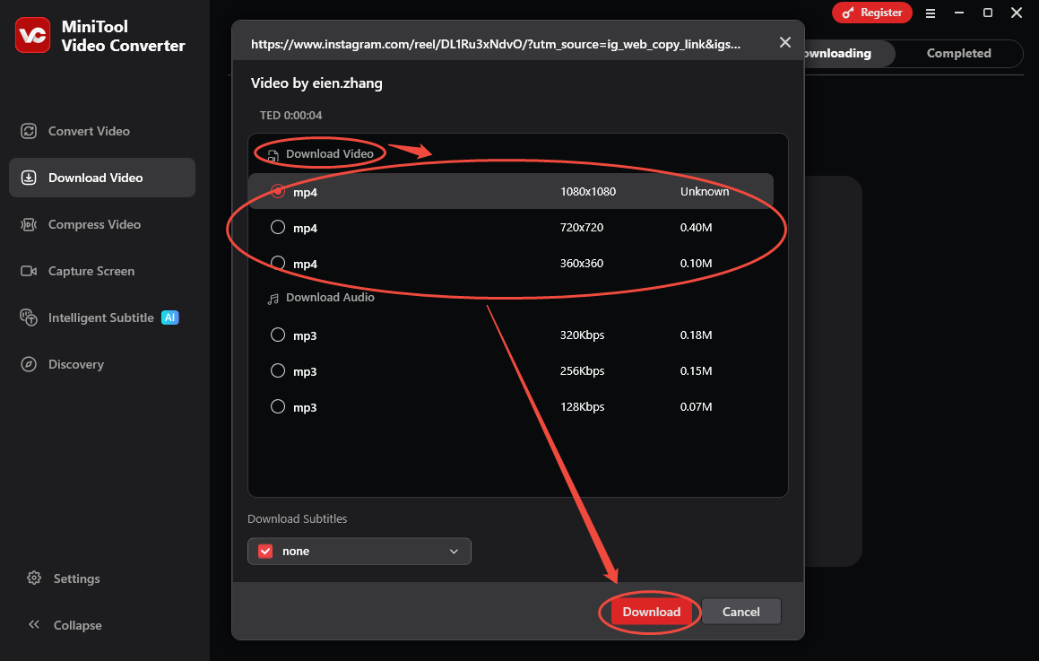 The Download Video interface of MiniTool Video Converter with the output format and the download option selected.