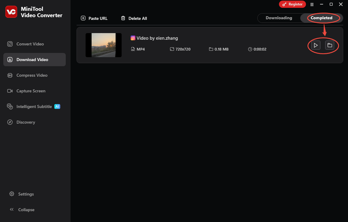 The Download Video interface of MiniTool Video Converter with the Play and Folder icon selected to check the output video.
