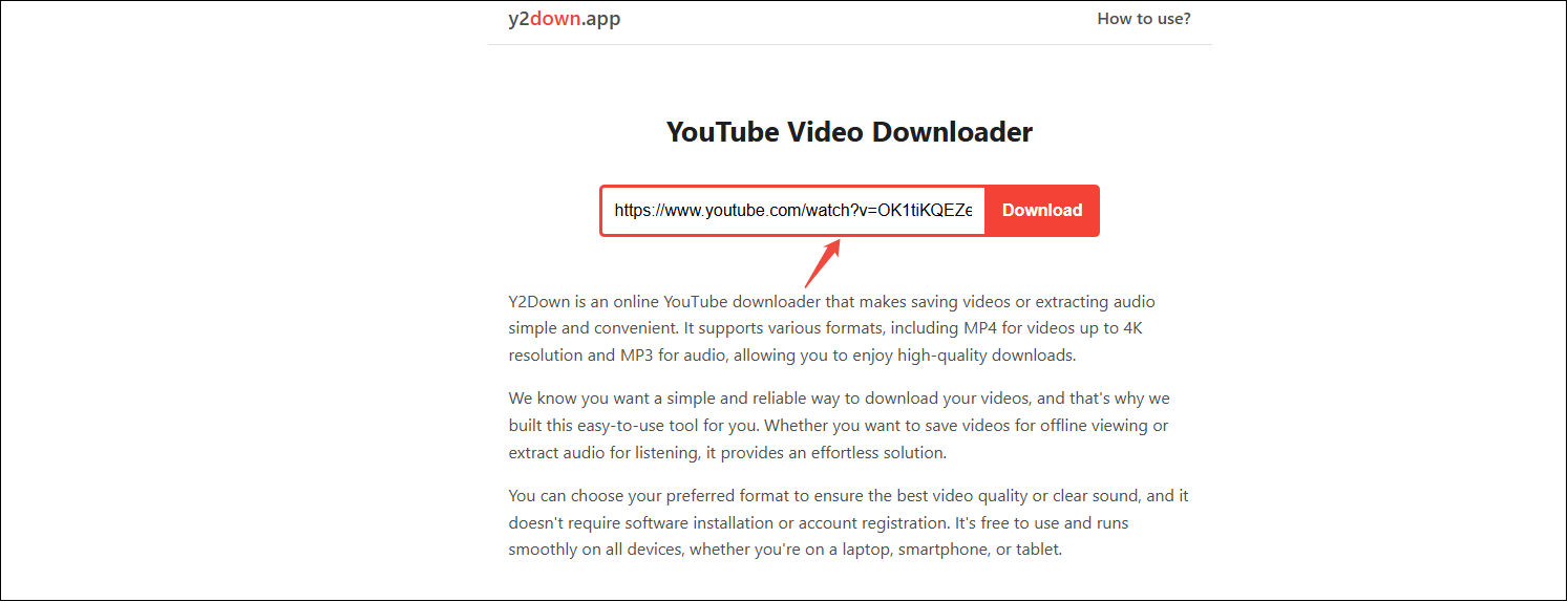 リンクが貼り付けられ、「Download」ボタンが選択されたY2Downインターフェース