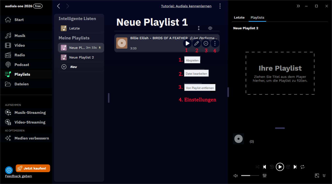 Wählen Sie in Audials Play das hinzugefügte Lied aus, klicken Sie auf Abspielen, um es direkt abzuspielen, klicken Sie auf Löschen, um es zu löschen, und klicken Sie auf Bearbeiten, um die Songinformationen zu ändern.