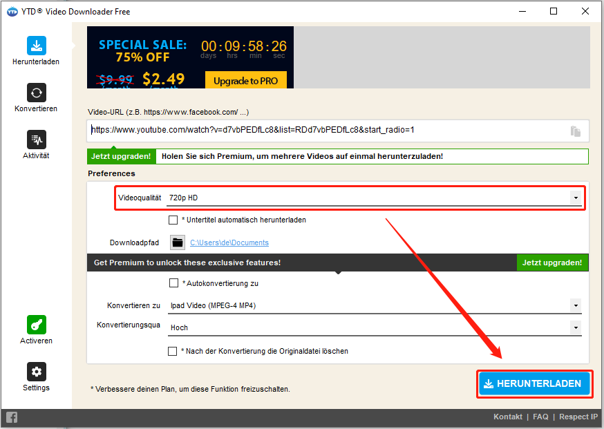 Klicken Sie auf die Option Videoqualität, wählen Sie eine Videoqualität, die Ihnen gefällt, und klicken Sie auf HERUNTERLADEN im YTD Video Downloader.