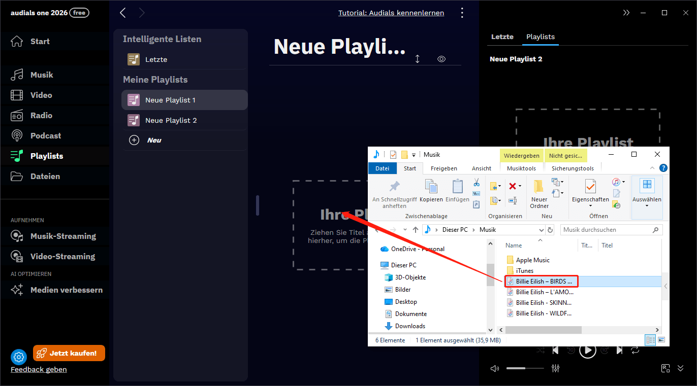 Ziehen Sie die Datei per Drag & Drop in die Audials Play-Oberfläche.
