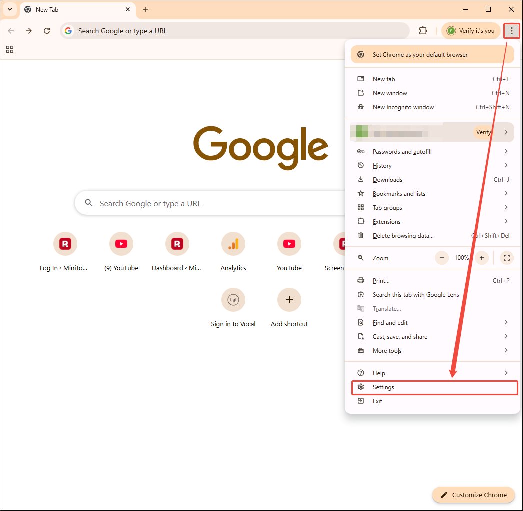 Google Chrome interface with the More icon and the Settings option selected.