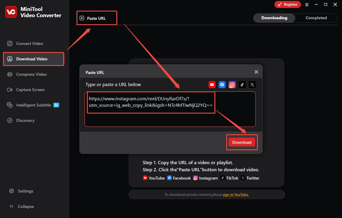 The Download Video interface of MiniTool Video Converter that shows how to analyze the Instagram video link.