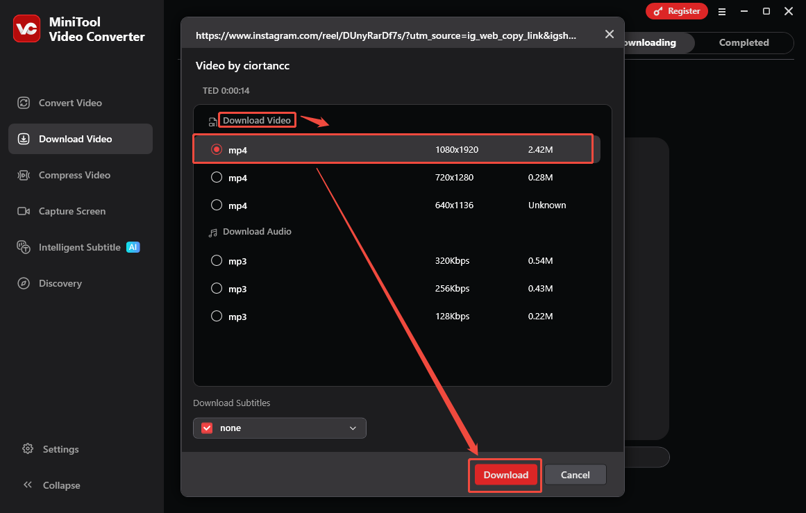 The Download Video interface of MiniTool Video Converter with the specific output format and Download option selected.