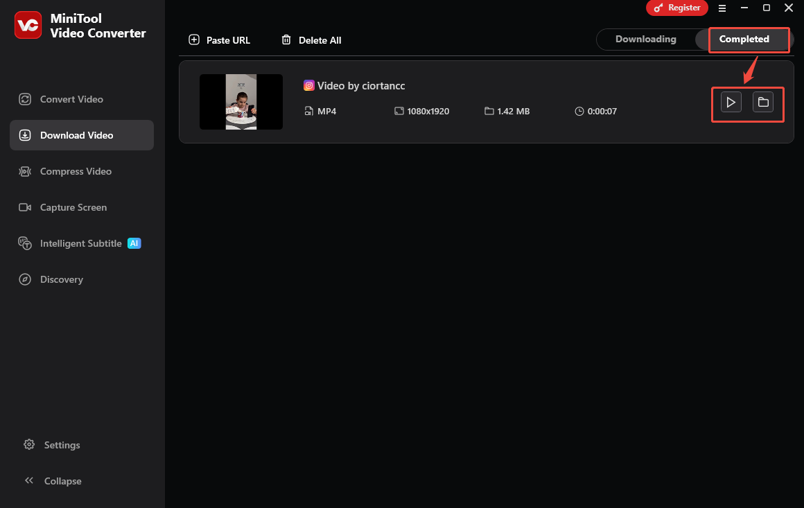 The Download Video interface of MiniTool Video Converter  with the Play and Folder icon selected to view or locate the file.