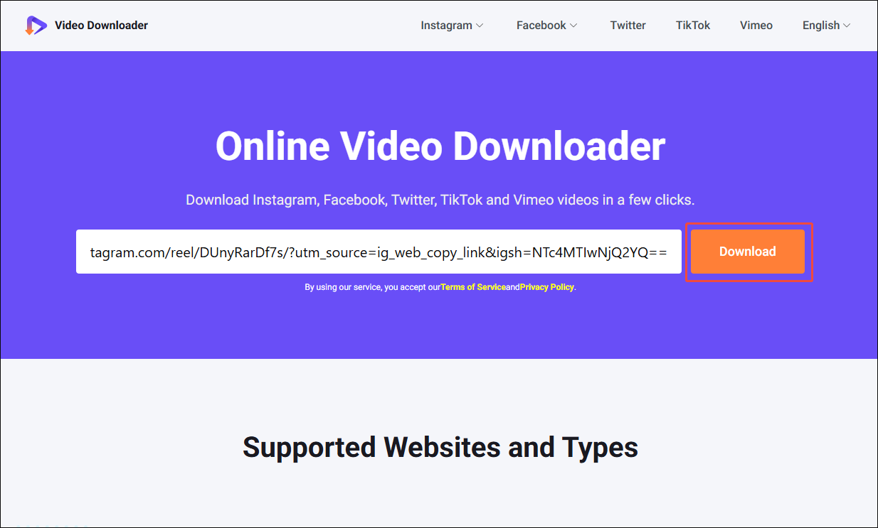 Online Video Downloader on viddown dot net interface with the Download option selected to analyze the video link.