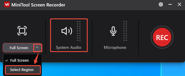 MiniTool Screen Recorder interface with the Select Region option the System Audio icon selected.