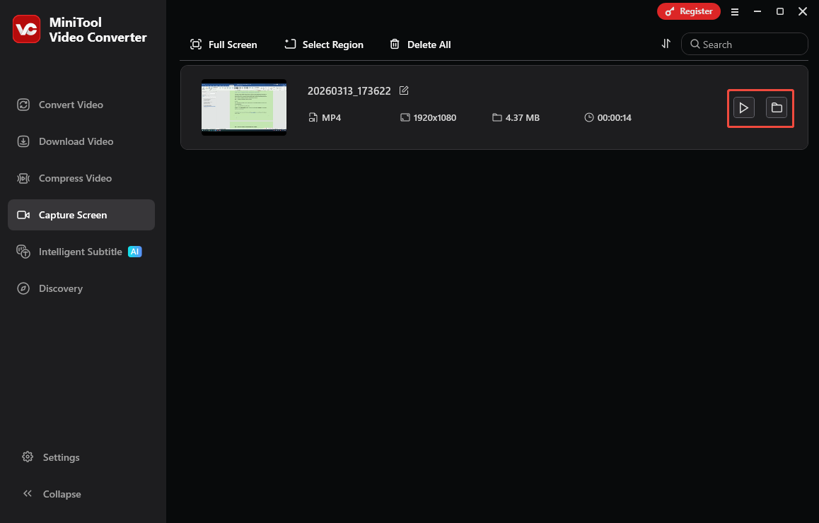 MiniTool Video Converter interface with the Play and Folder icon selected within the Capture Screen section.