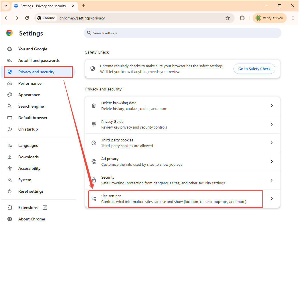Google Chrome Settings interface with the Site settings option selected under the Privacy and security section.