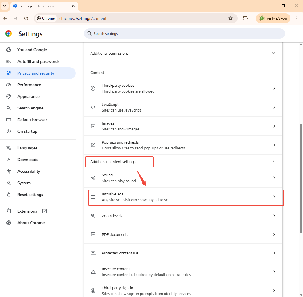Google Chrome Settings interface with the Additional content settings option expanded and the Intrusive ads option selected.