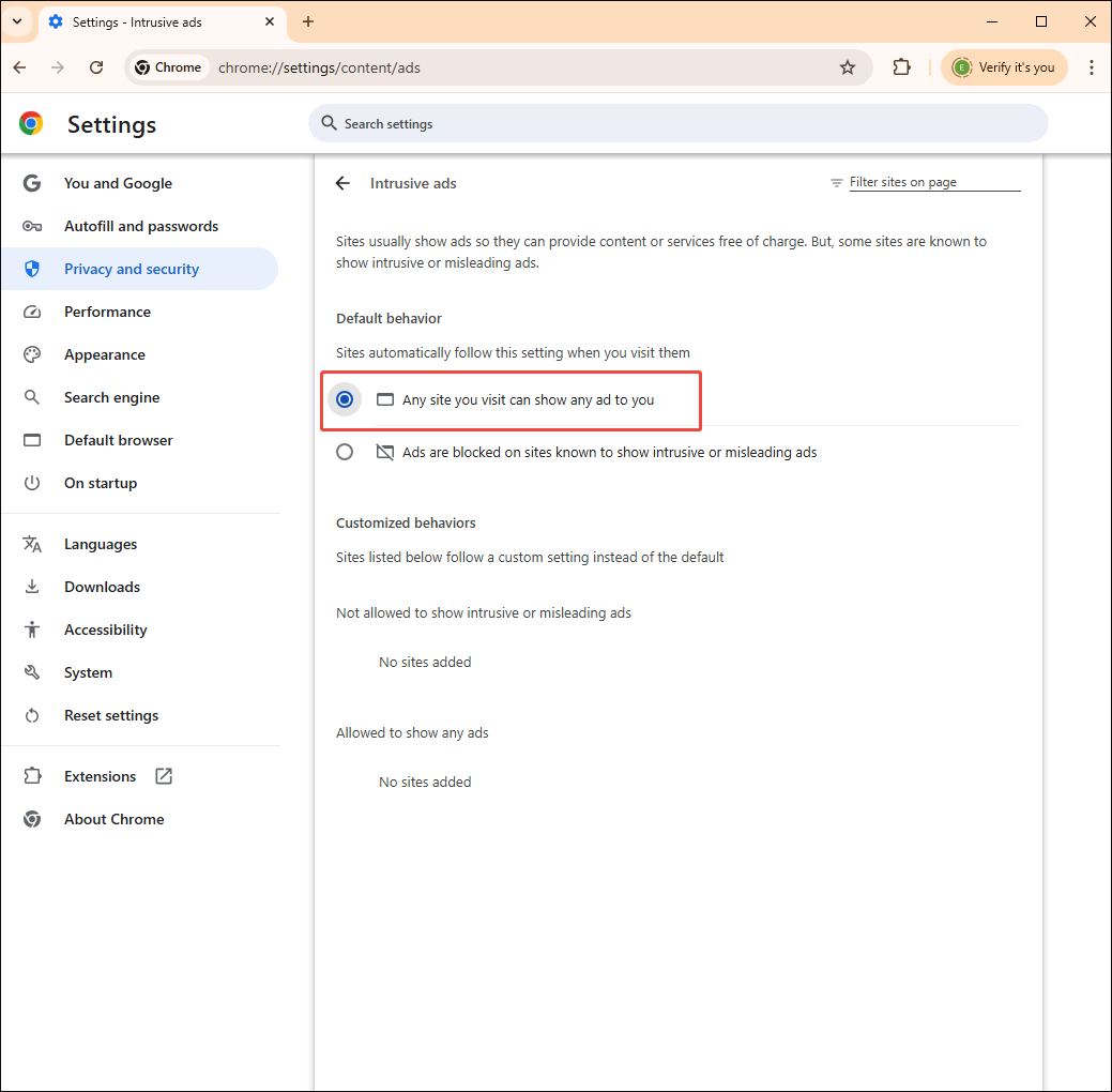 Google Chrome Settings interface with the Any site you visit can show any ad to you option checked.