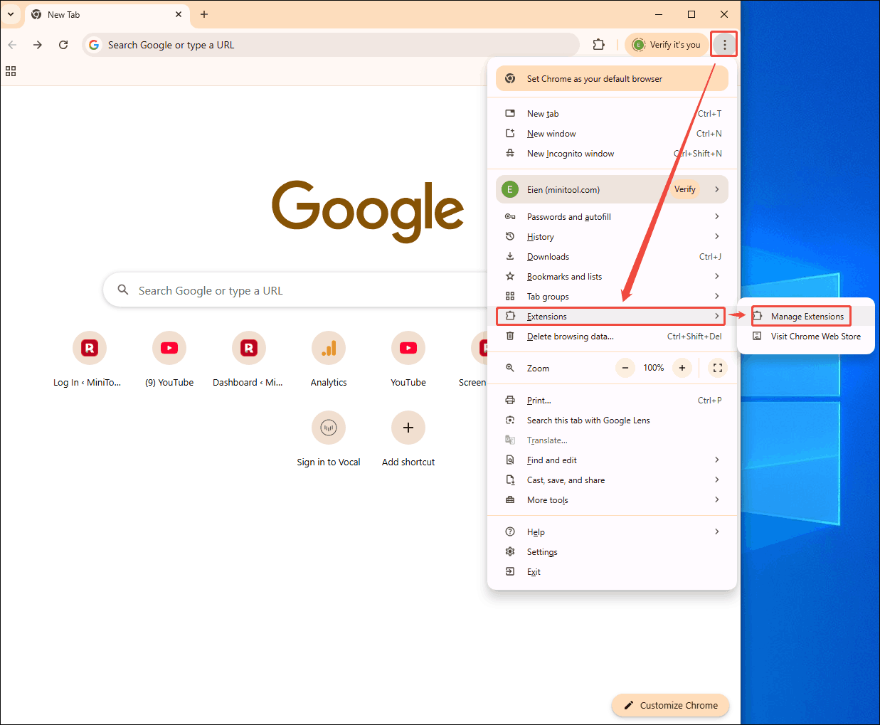 Google Chrome interface that shows how to access the extension management interface.
