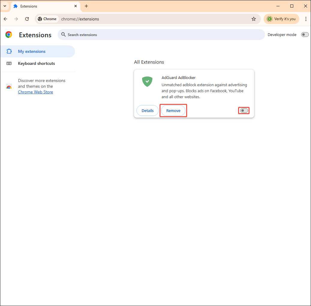 Google Chrome Extensions interface with the Remove option selected and the blocker turned off.