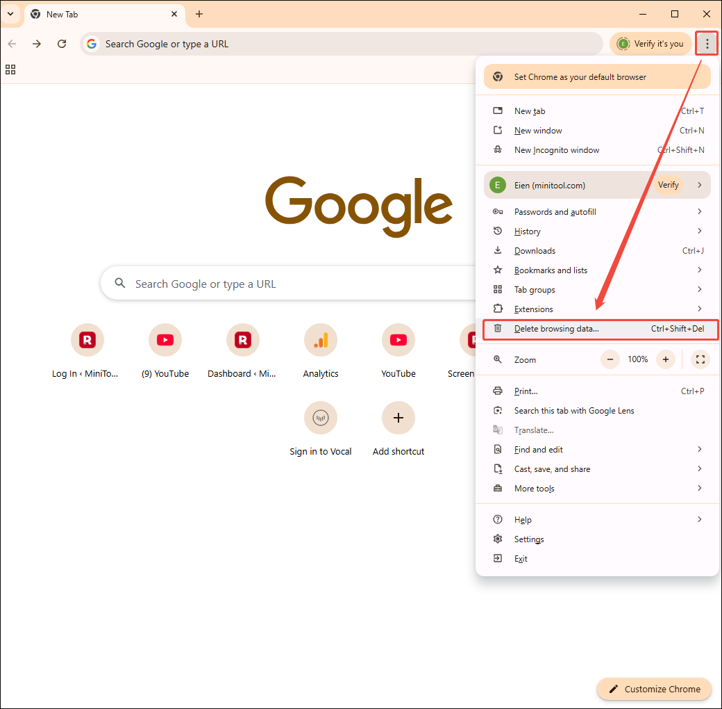 Google Chrome interface with the More icon selected and the Delete browsing data option selected.