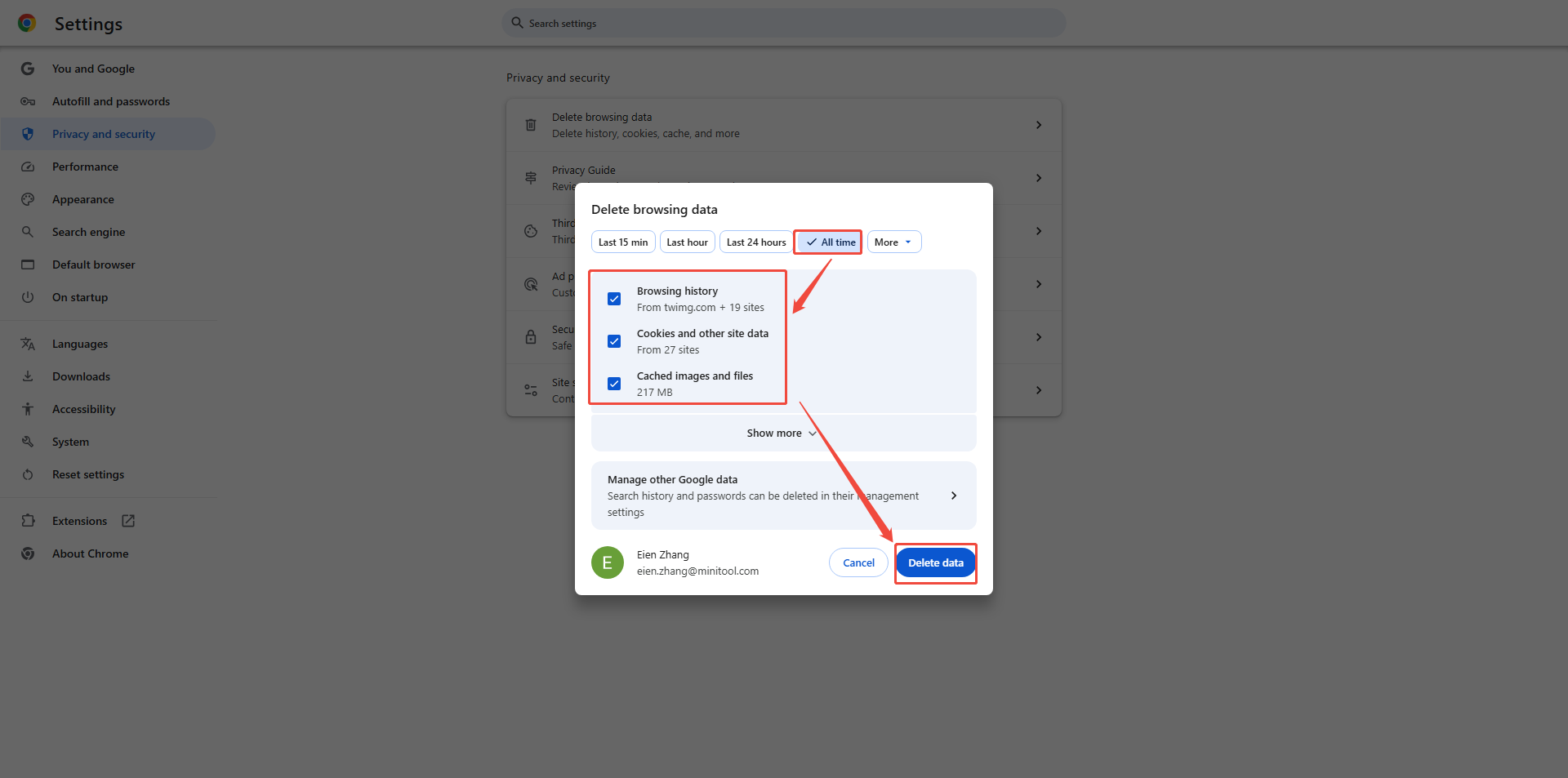 Google Chrome interface that shows how to clear the browser cache in the Delete browsing data popup.