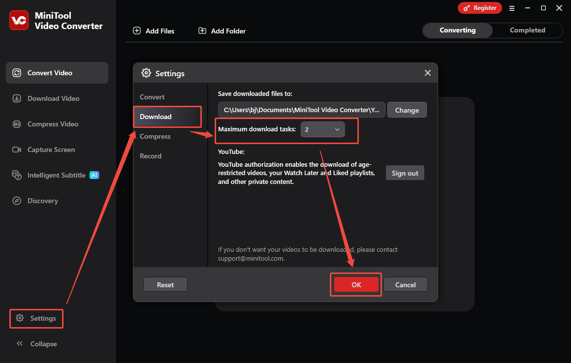 MiniTool Video Converter interface that shows how to customize the maximum download tasks.