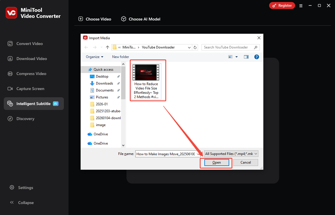 Interface de sous-titres intelligents de MiniTool Video Converter montrant comment importer une vidéo YouTube.