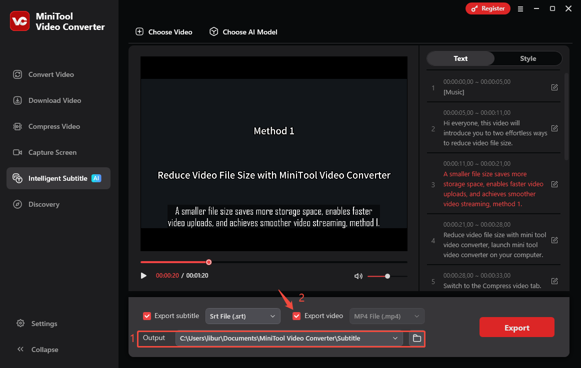 L'interface de MiniTool Video Converter montre comment choisir le chemin d'enregistrement et enregistrer la vidéo éditée.