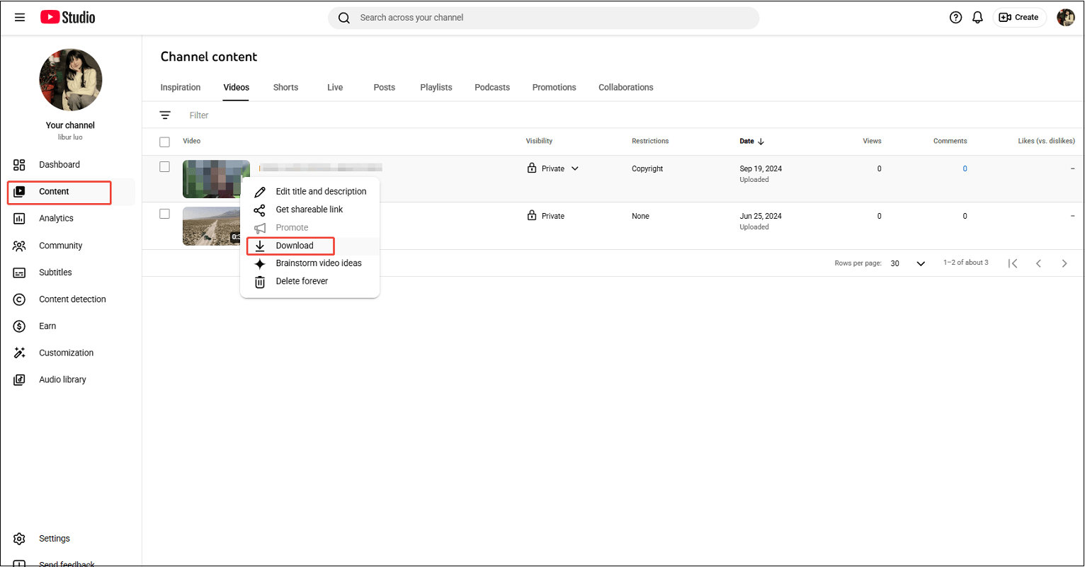 Interface de YouTube Studio montrant comment télécharger sa propre vidéo YouTube.