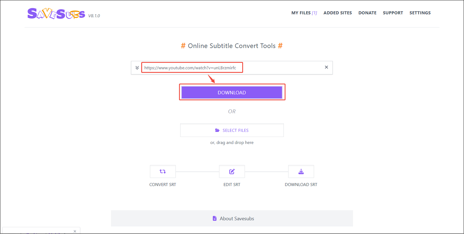 L'interface de Savesubs affiche un lien vidéo YouTube collé et l'option TÉLÉCHARGER sélectionnée.